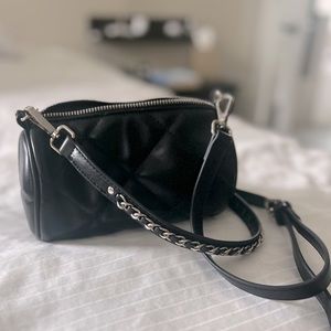 Small black long strap faux quilted leather satchel/ purse/ rep. fannypack